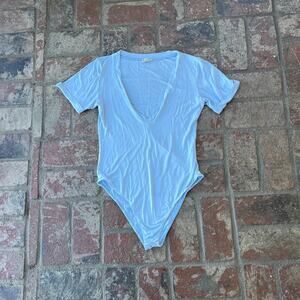 Intimately Free People Short Sleeve Bodysuit V-Neck Size S Blue Snap Bottom